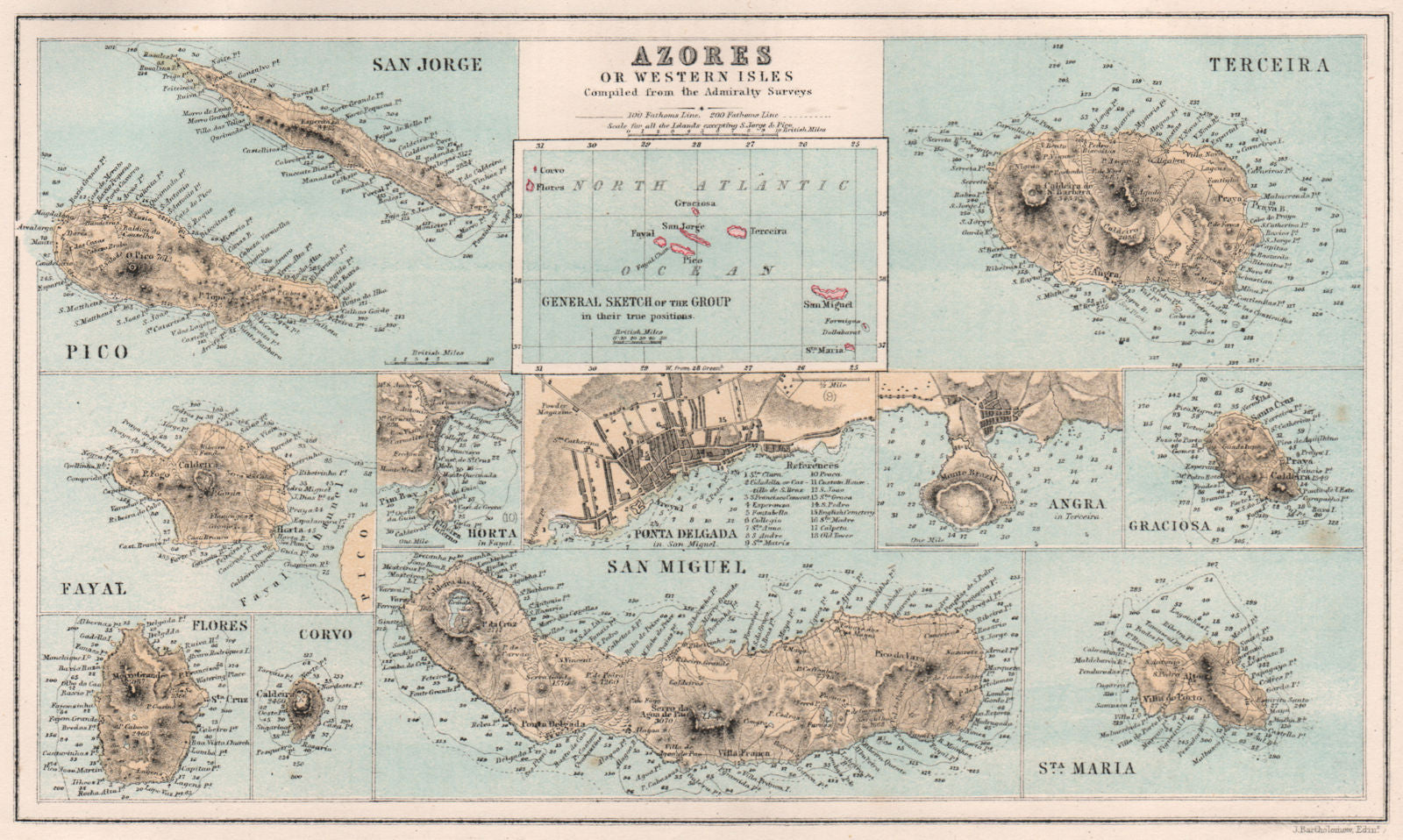 AZORES. Sao Miguel Jorge Pico Terceira Faial Sta Maria Graciosa Flores 1886 map